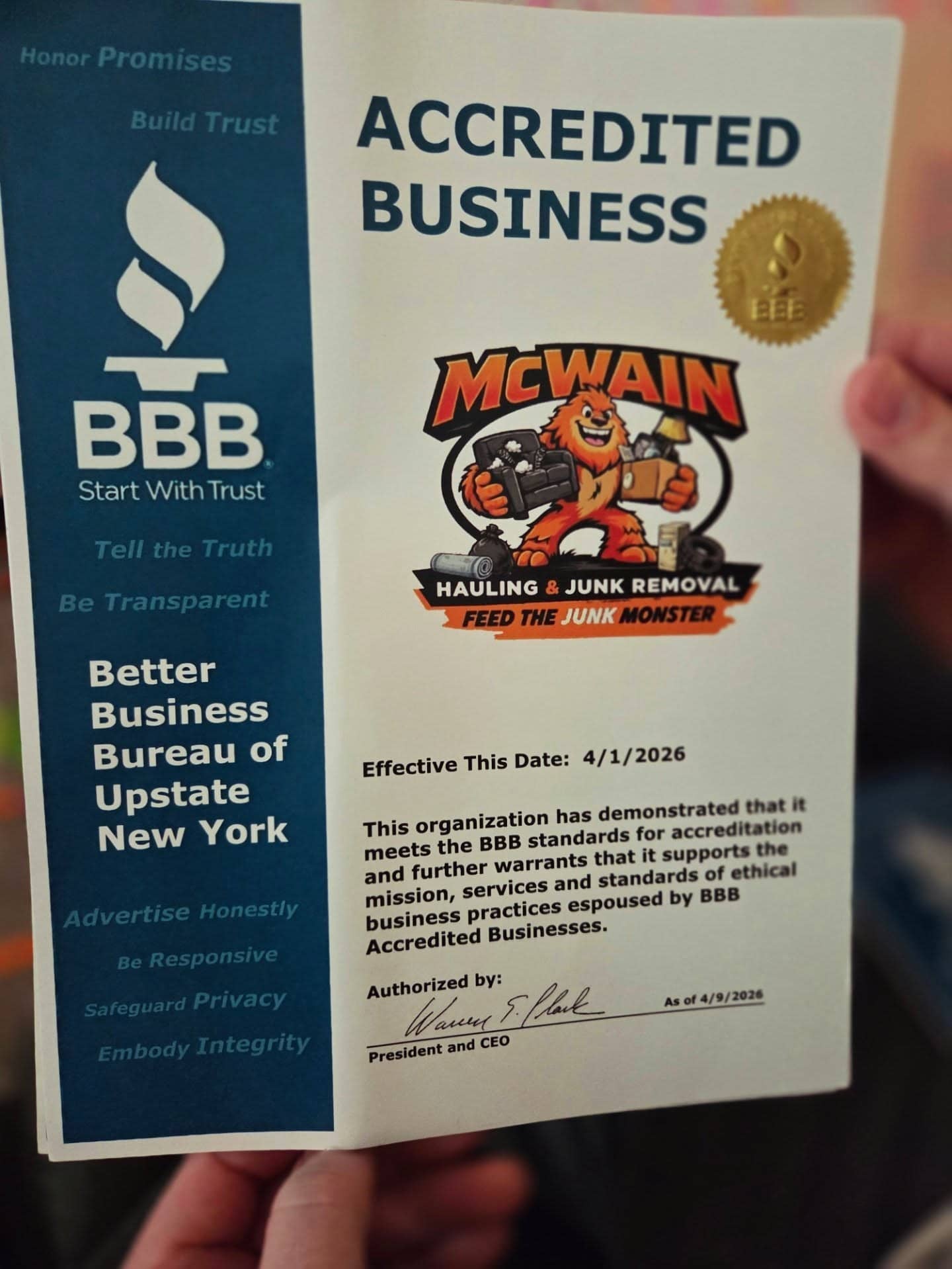 BBB Accredited Business certificate for McWain Hauling & Junk Removal, effective April 1, 2026